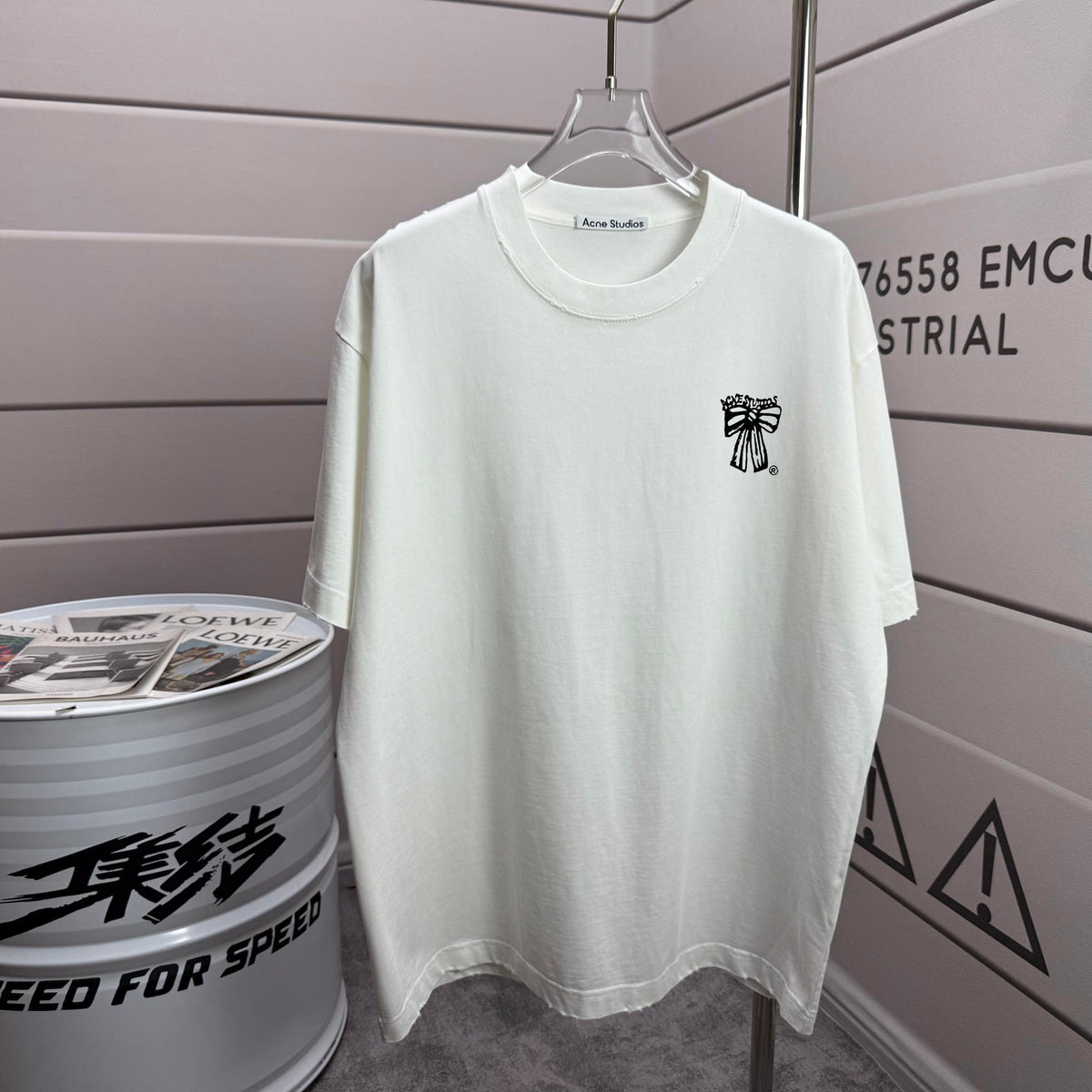 Acne Studios Small Bow‑Graphic Distressed‑Trim Crew‑Neck Short‑Sleeve T‑Shirt