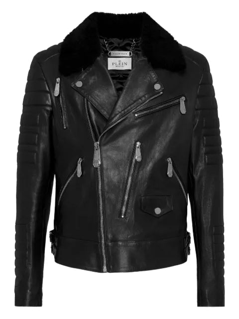 Philipp Plein leather biker jacket with shearling collar