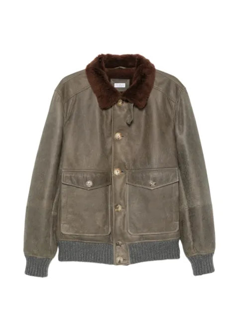 Brunello Cucinelli waxed shearling bomber jacket with shearling collar