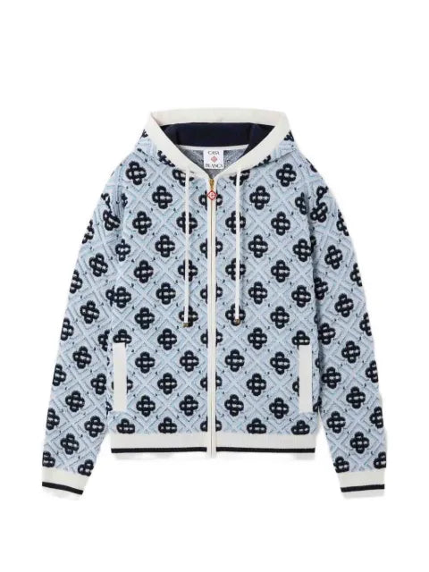 Casablanca blue merino monogram zip‑up hooded sweatshirt