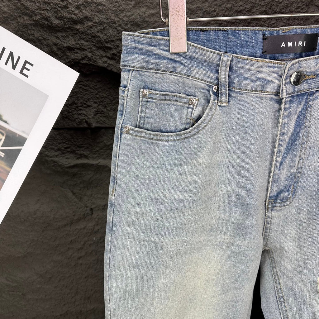 AMIRI White Ribbed Patch Distressed Slim‑Fit Denim Jeans