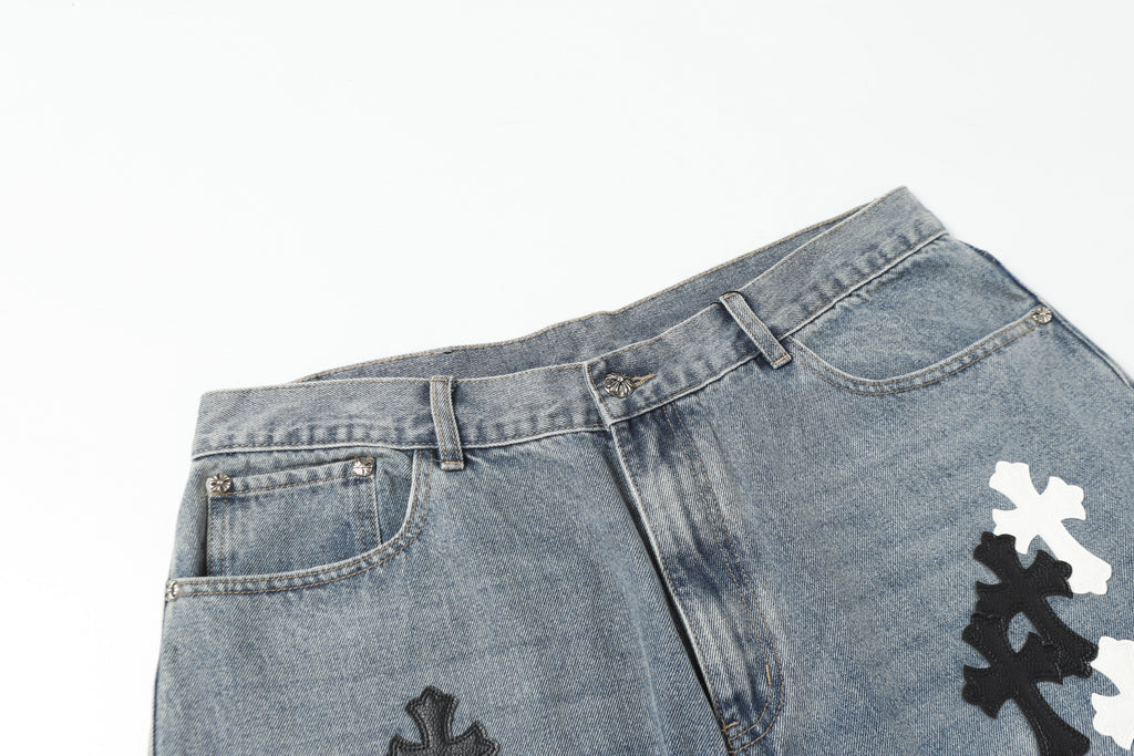 Chrome Hearts White & black Leather Cross Patches Jeans