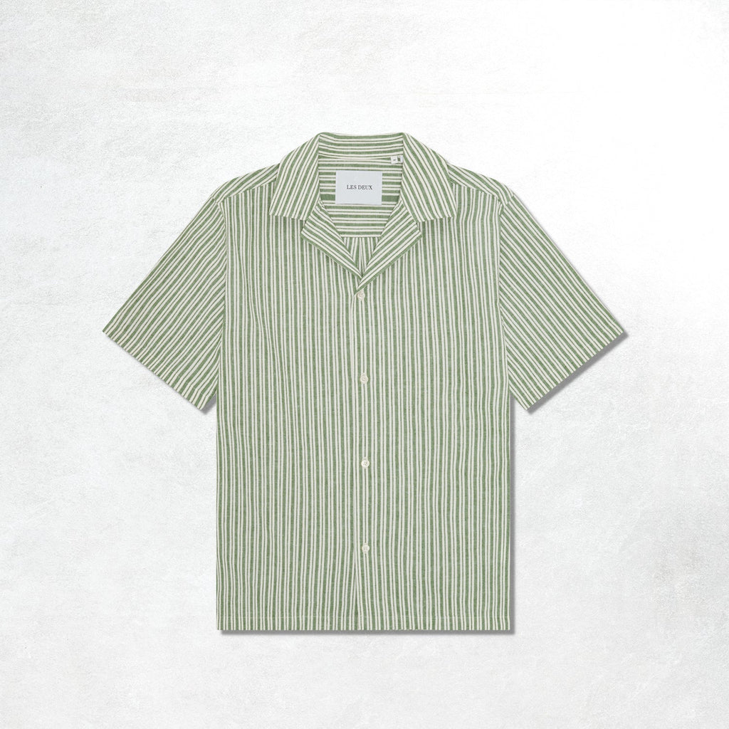 Les Deux Stripe Cotton-Linen SS Shirt: Artichoke Green