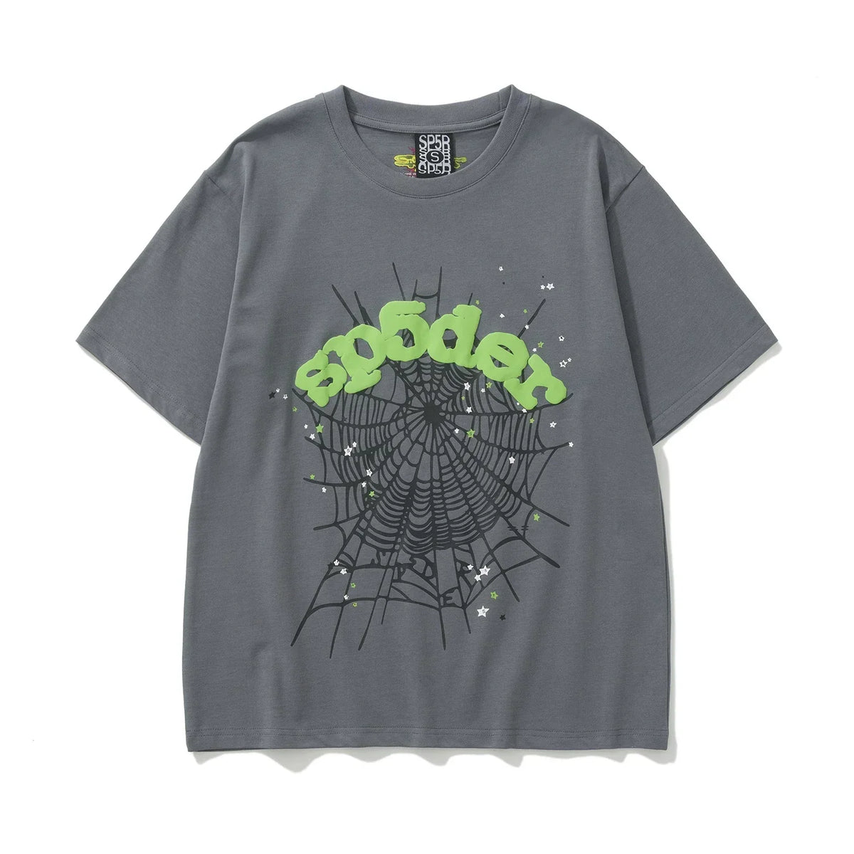 Sp5der Neon Green Logo & Spider Web Graphic Dark Grey Short Sleeve T-Shirt