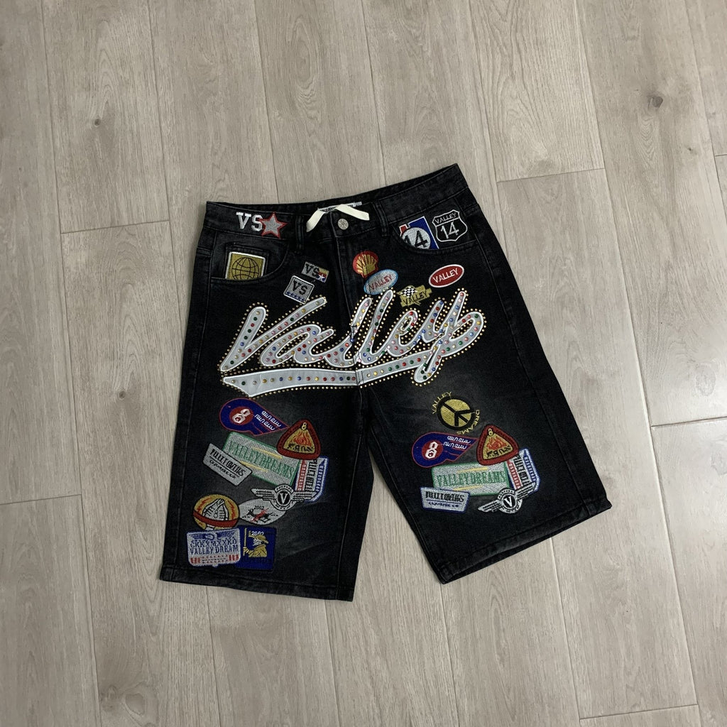 VALE 1980s Patch Rhinestone Denim Shorts