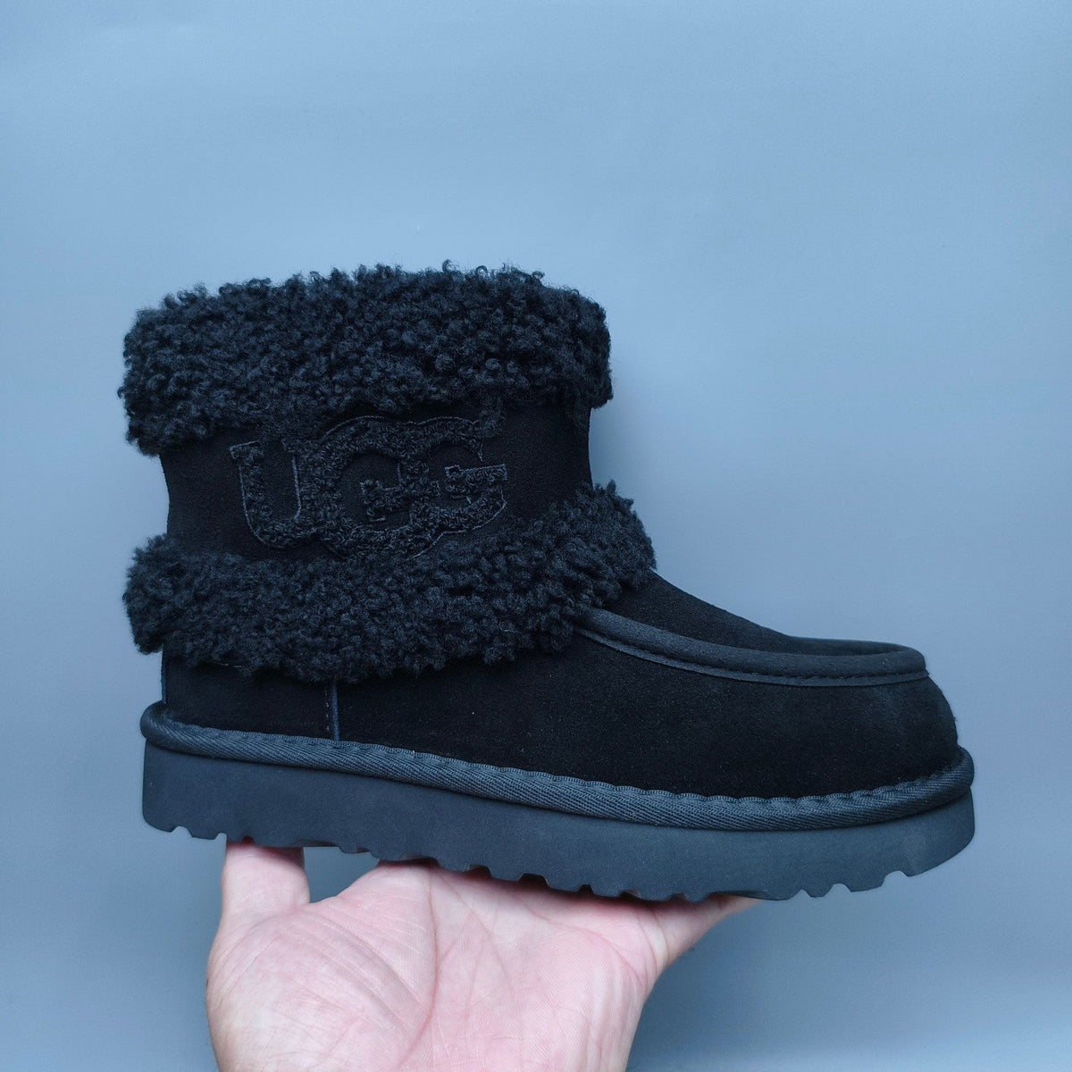 Black Curly Fur Big Logo Mid-Top Trendy Boots — New Arrival | In Stock