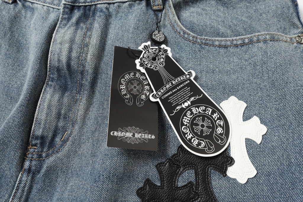 Chrome Hearts White & black Leather Cross Patches Jeans