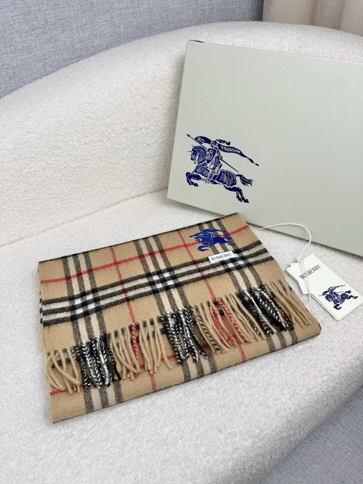 Burberry Beige Plaid Fringe Scarf