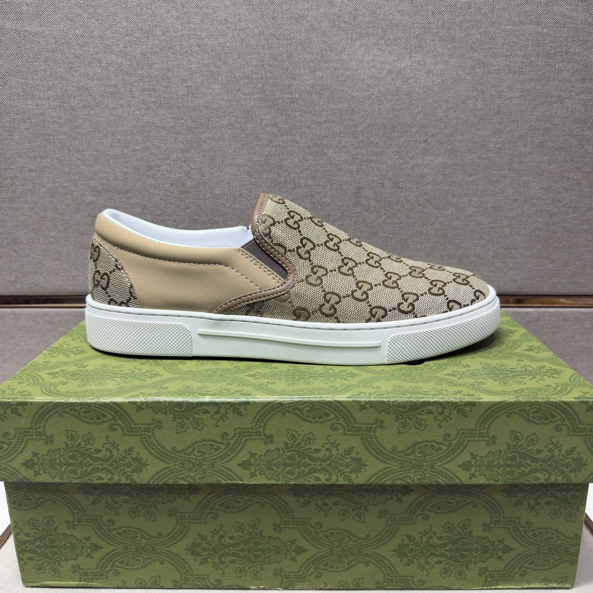 Gucci Men's Beige Patterned Slip-On Sneakers