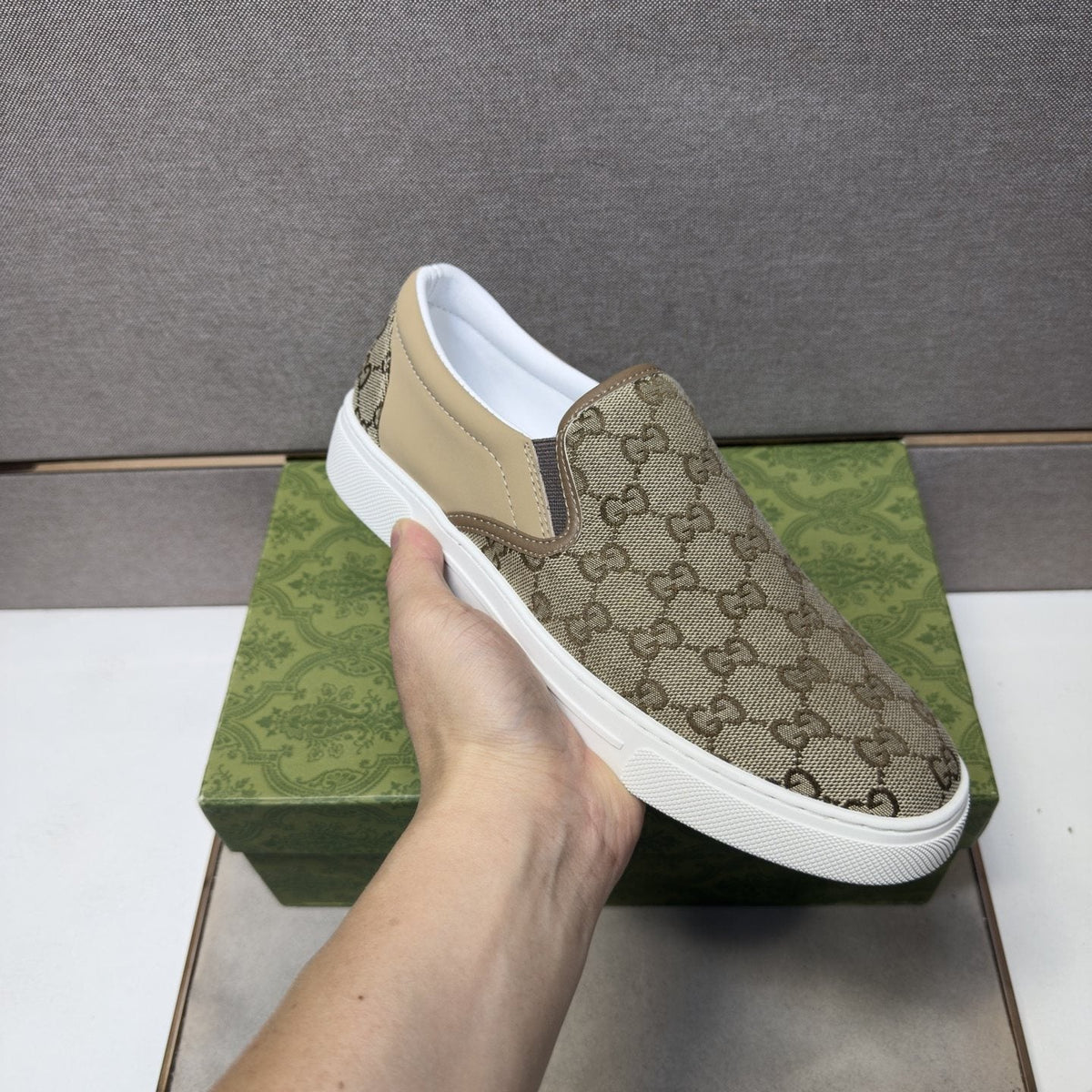 Gucci Men's Beige Patterned Slip-On Sneakers