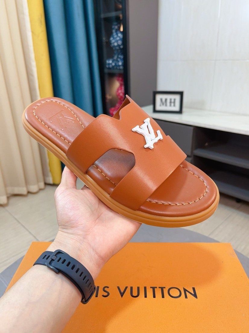 Louis Vuitton Men's Tan-Orange Interwoven Slide Sandals