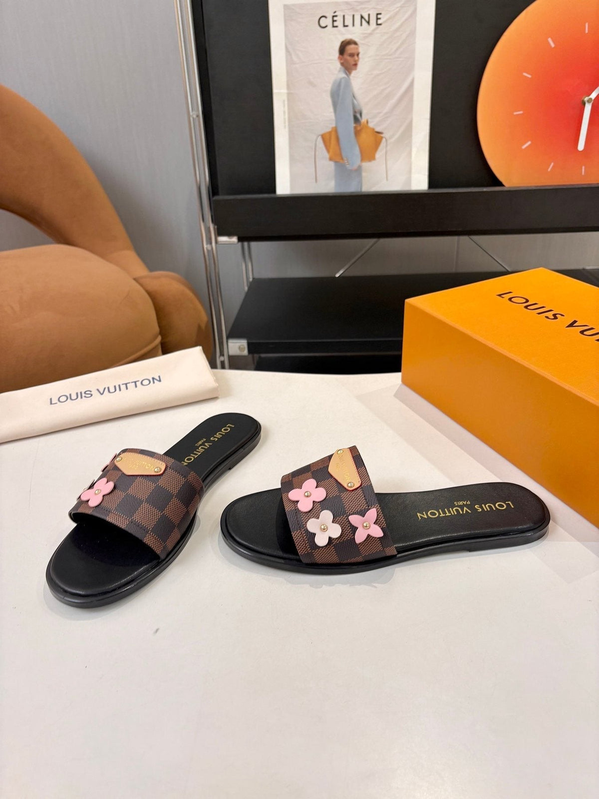 Louis Vuitton Floral Checkered Slide Sandals