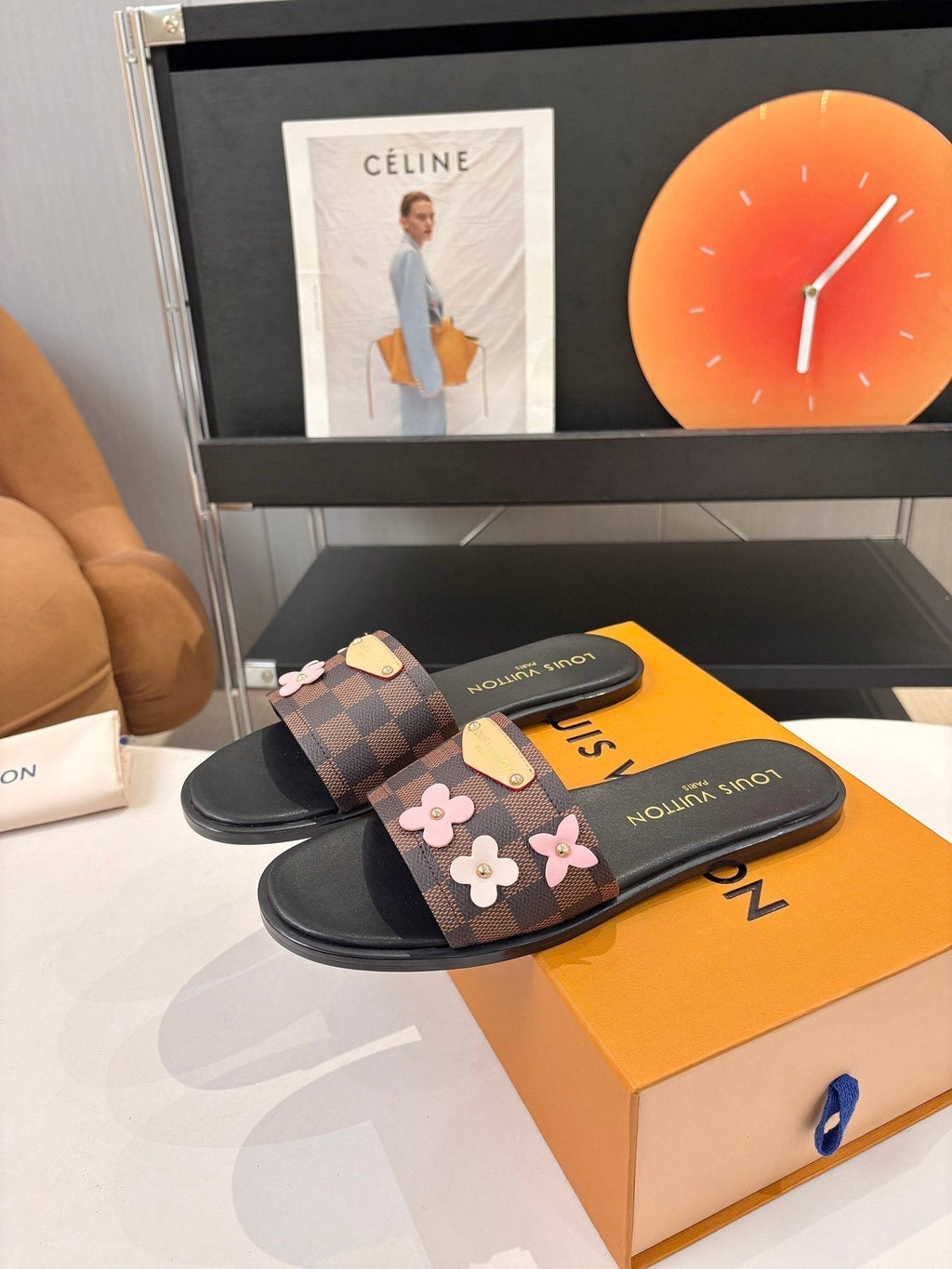 Louis Vuitton Floral Checkered Slide Sandals