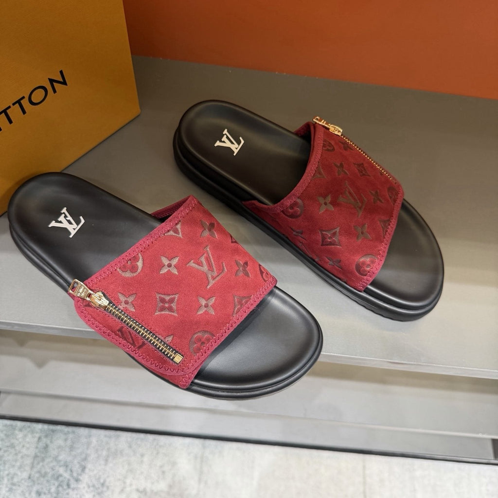 Louis Vuitton Red and Black Zipper Slide Sandals