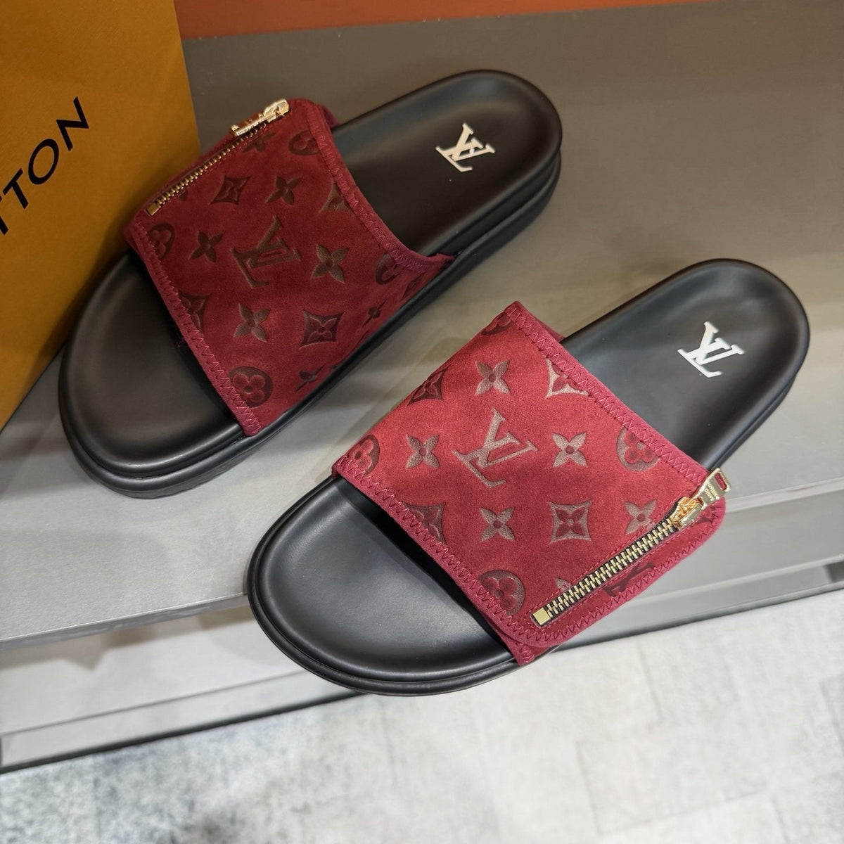 Louis Vuitton Red and Black Zipper Slide Sandals