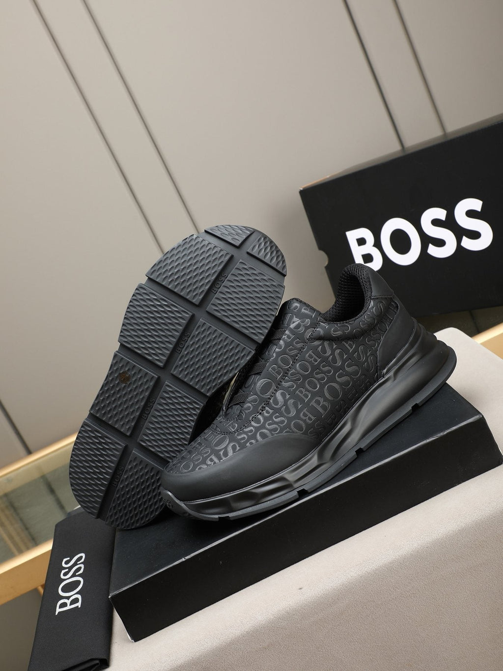 BOSS Men's Black Logo Slip-On Sneakers