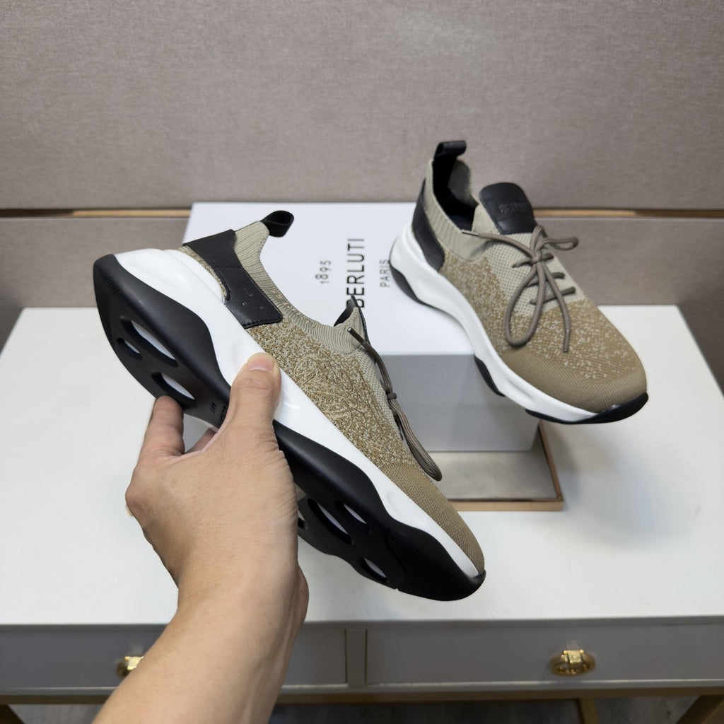 Berluti Olive Taupe Lace-Up Sneakers