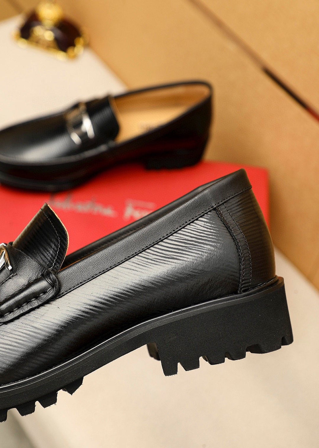 Ferragamo Black Textured Buckle Loafers