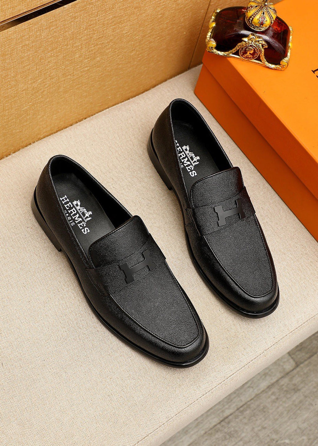 Hermès Black Textured Leather Loafers