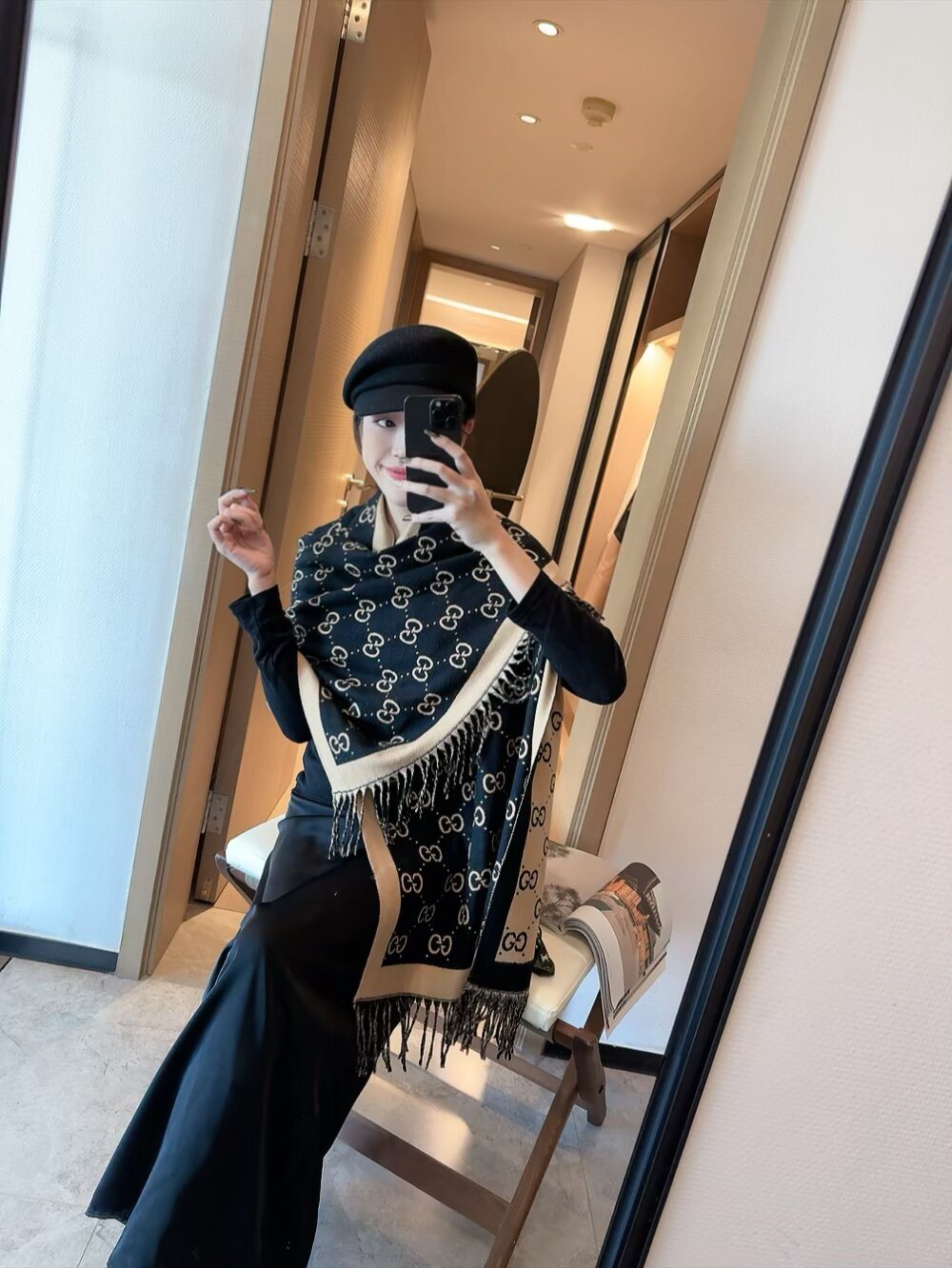 Gucci Black & Beige Fringed Shawl
