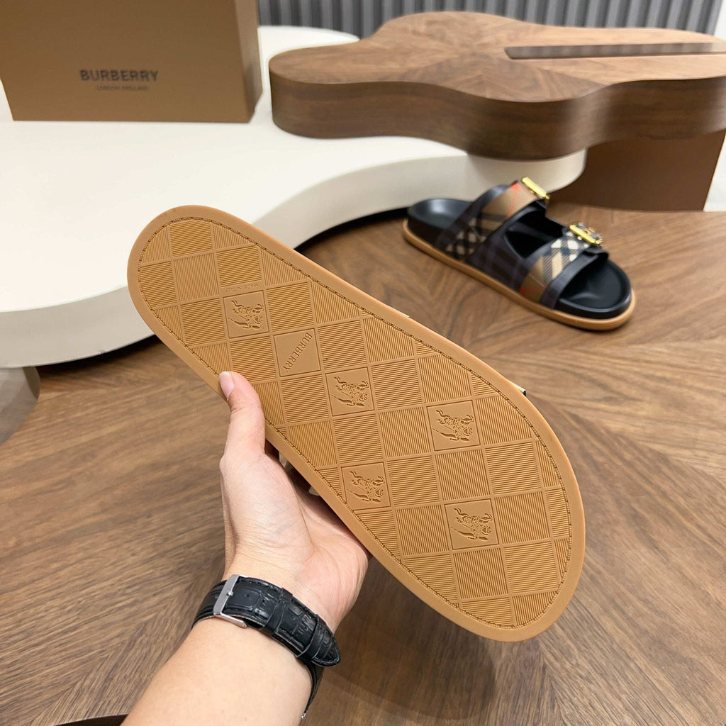 Burberry Black Plaid Two-Strap Slide Sandals
