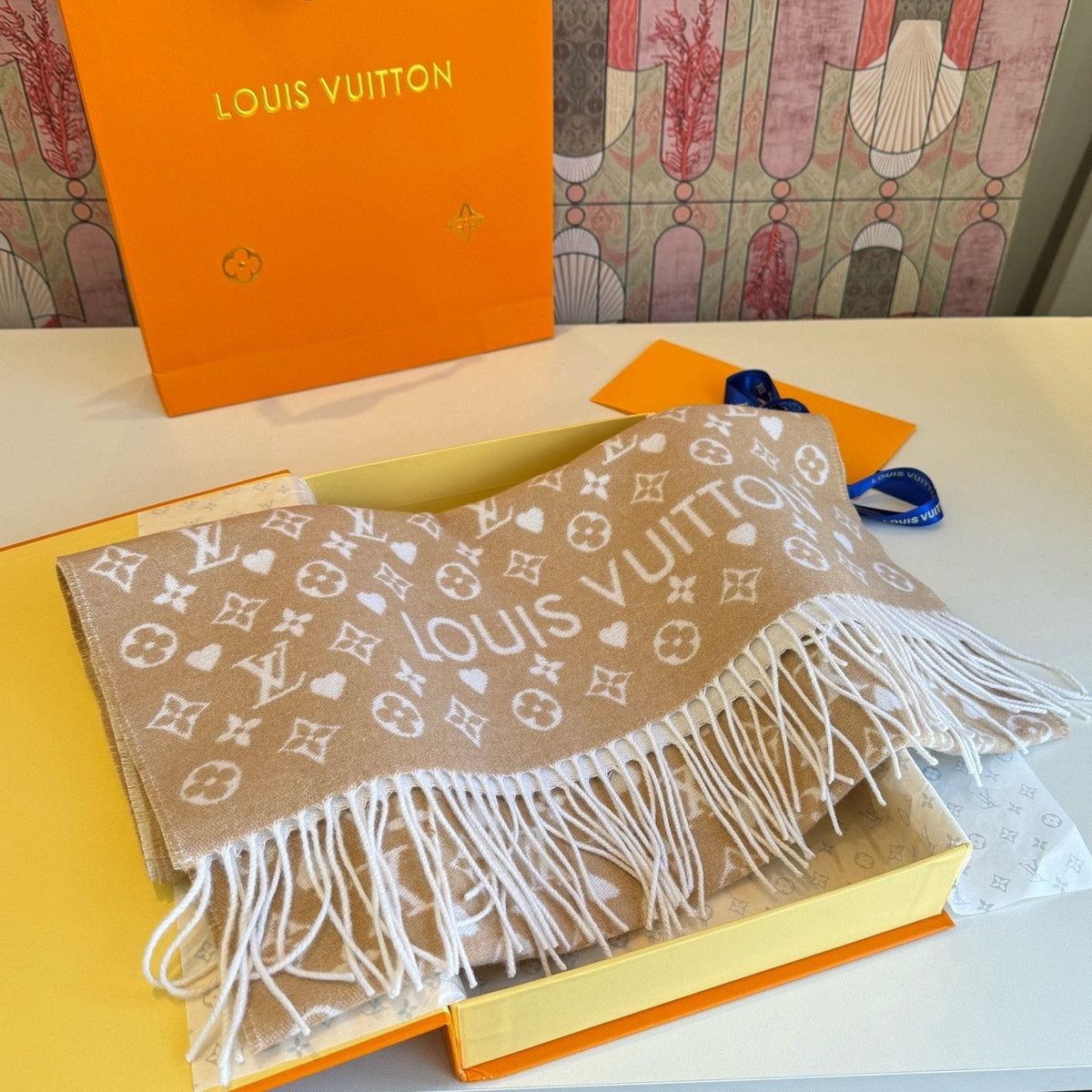 Louis Vuitton Taupe Monogram Fringe Scarf