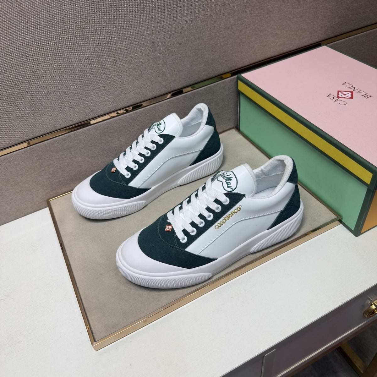 CASA BLANCA Men's White and Dark Green Sneakers