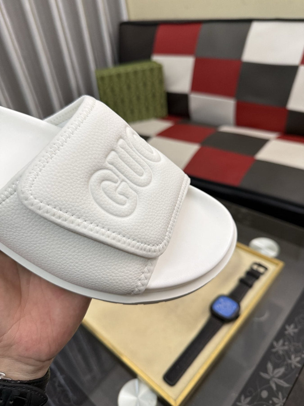 Gucci White Embossed Slide Sandals