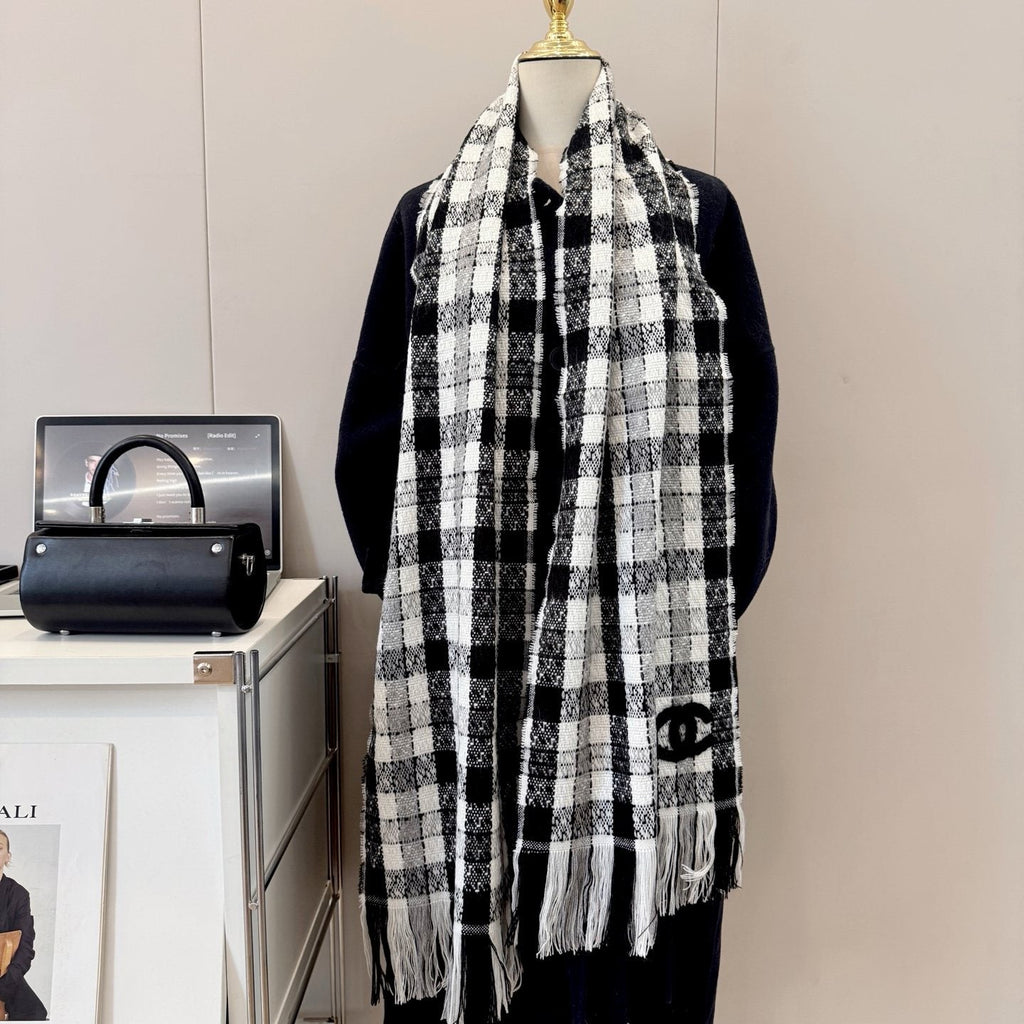 Chanel Black and White Plaid Fringed Scarf