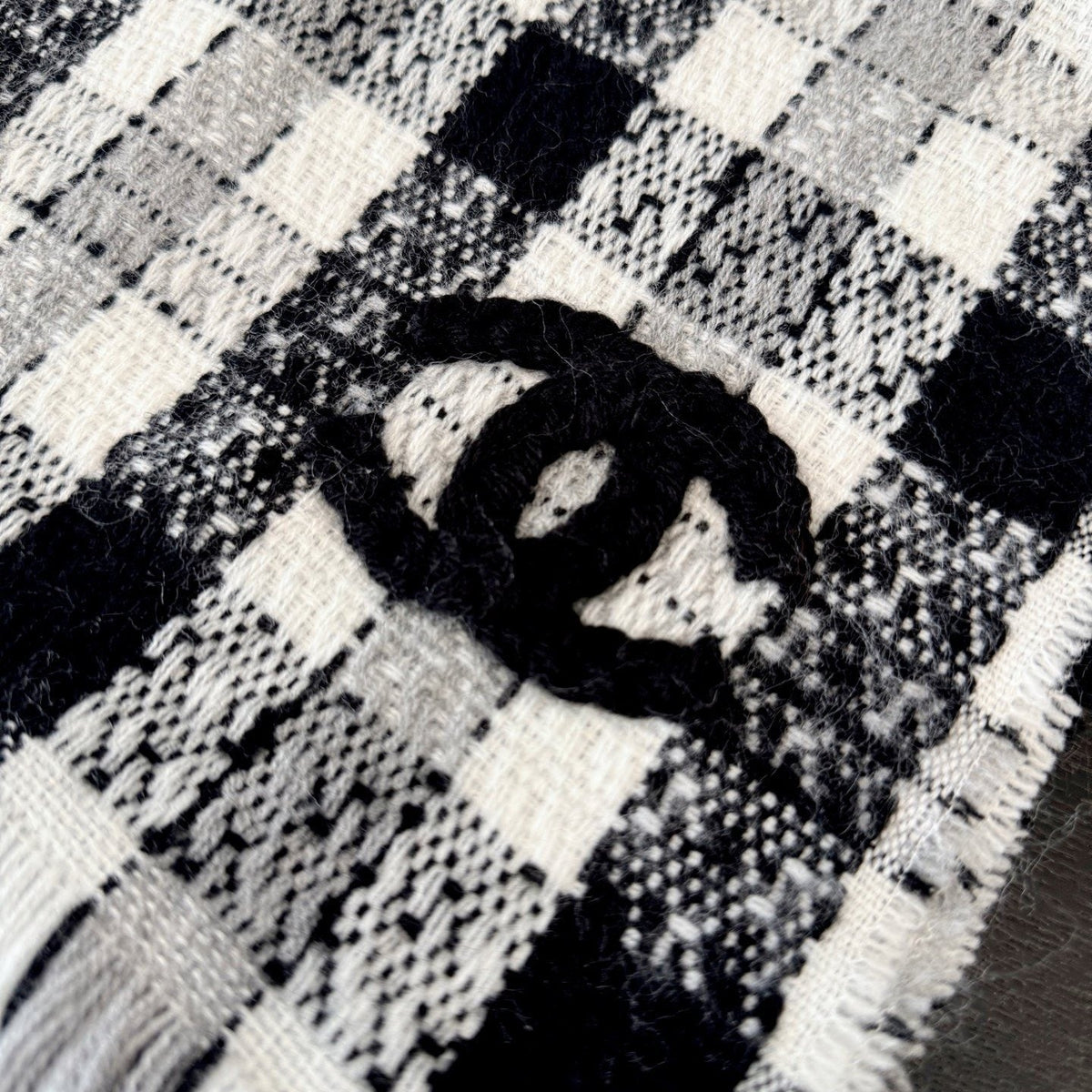 Chanel Black and White Plaid Fringed Scarf