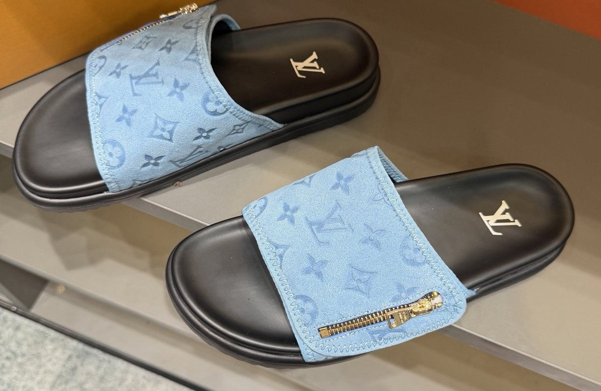 Louis Vuitton Light Blue Zip-Accent Slide Sandals