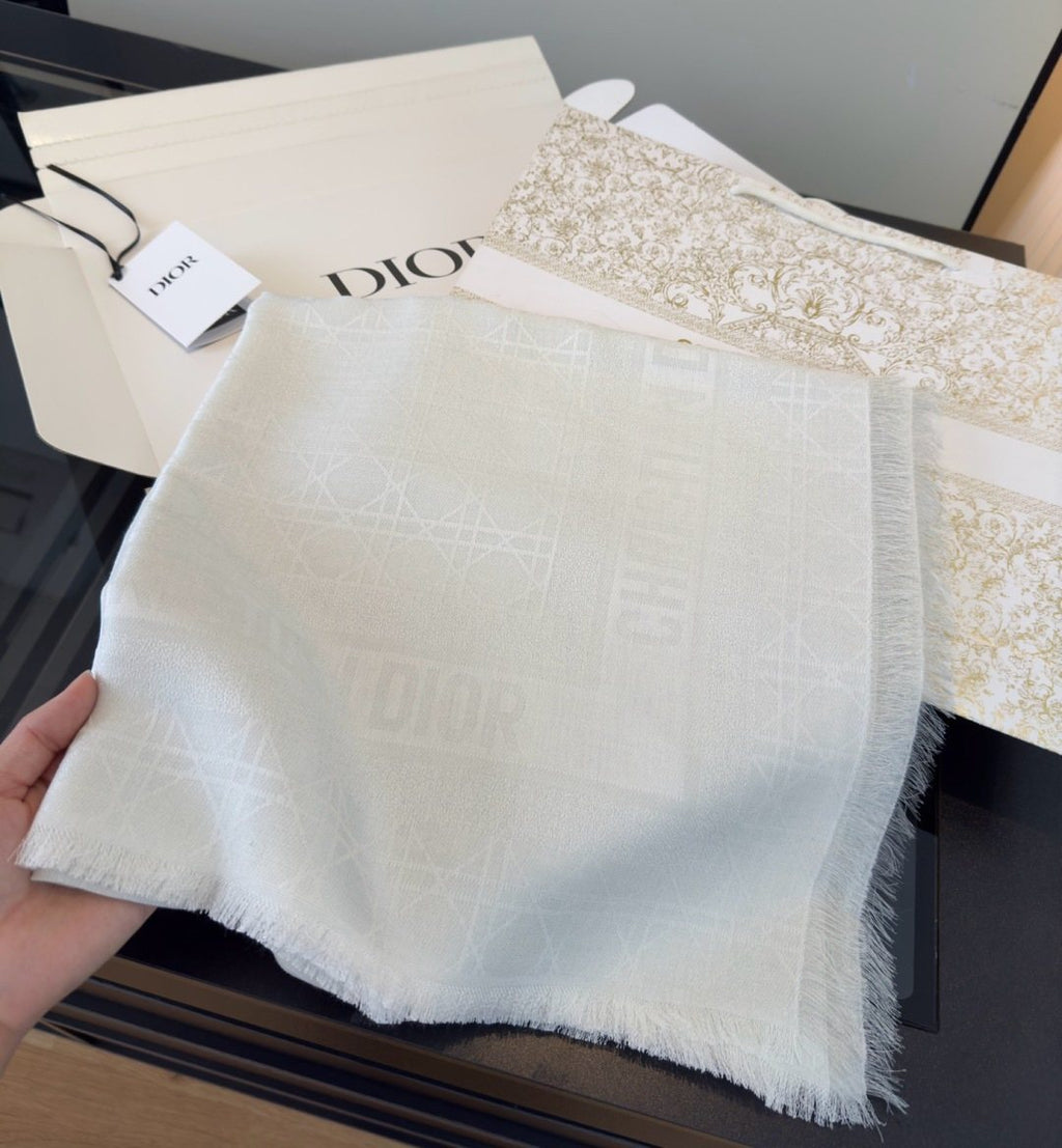 Dior White Geometric Fringed Scarf