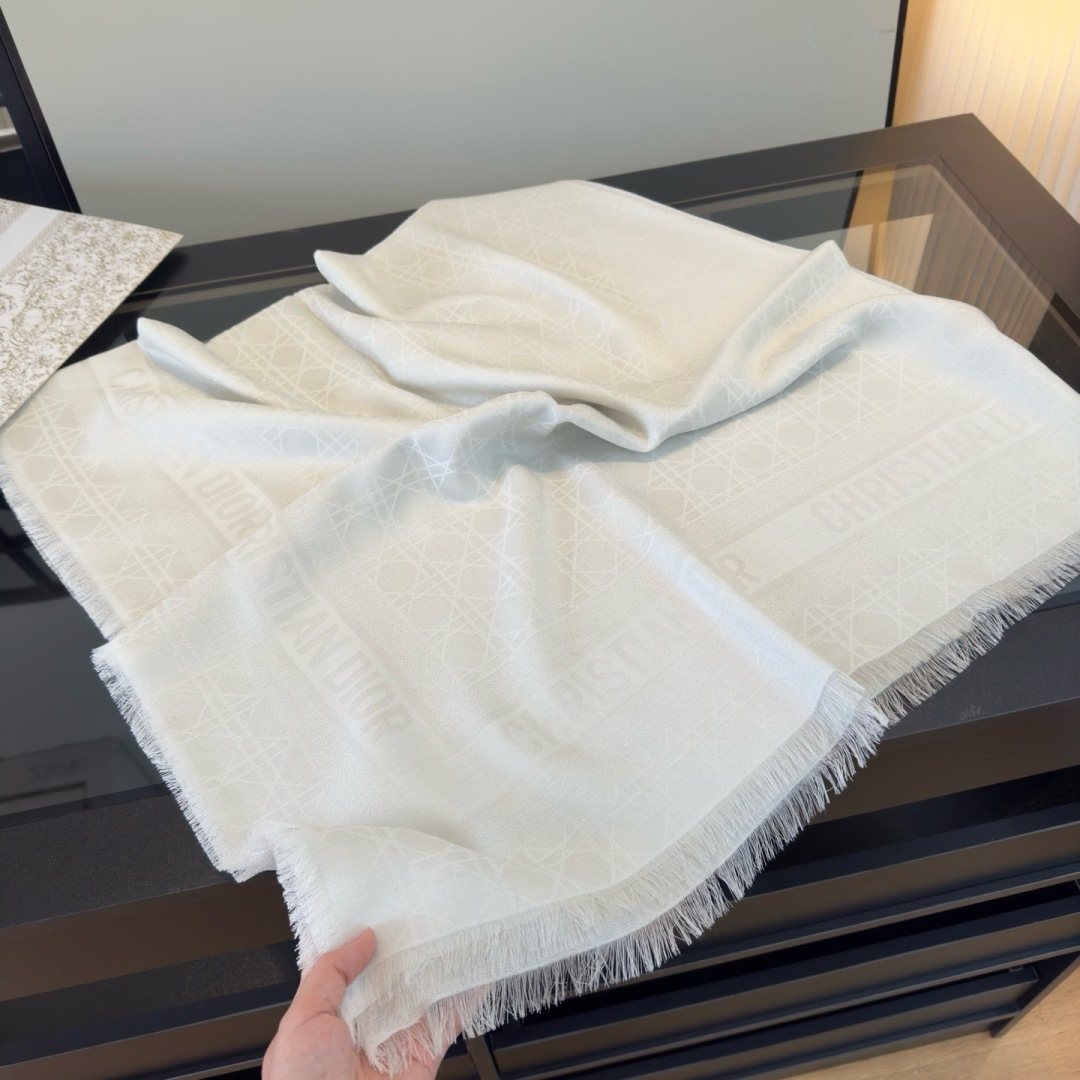Dior White Geometric Fringed Scarf