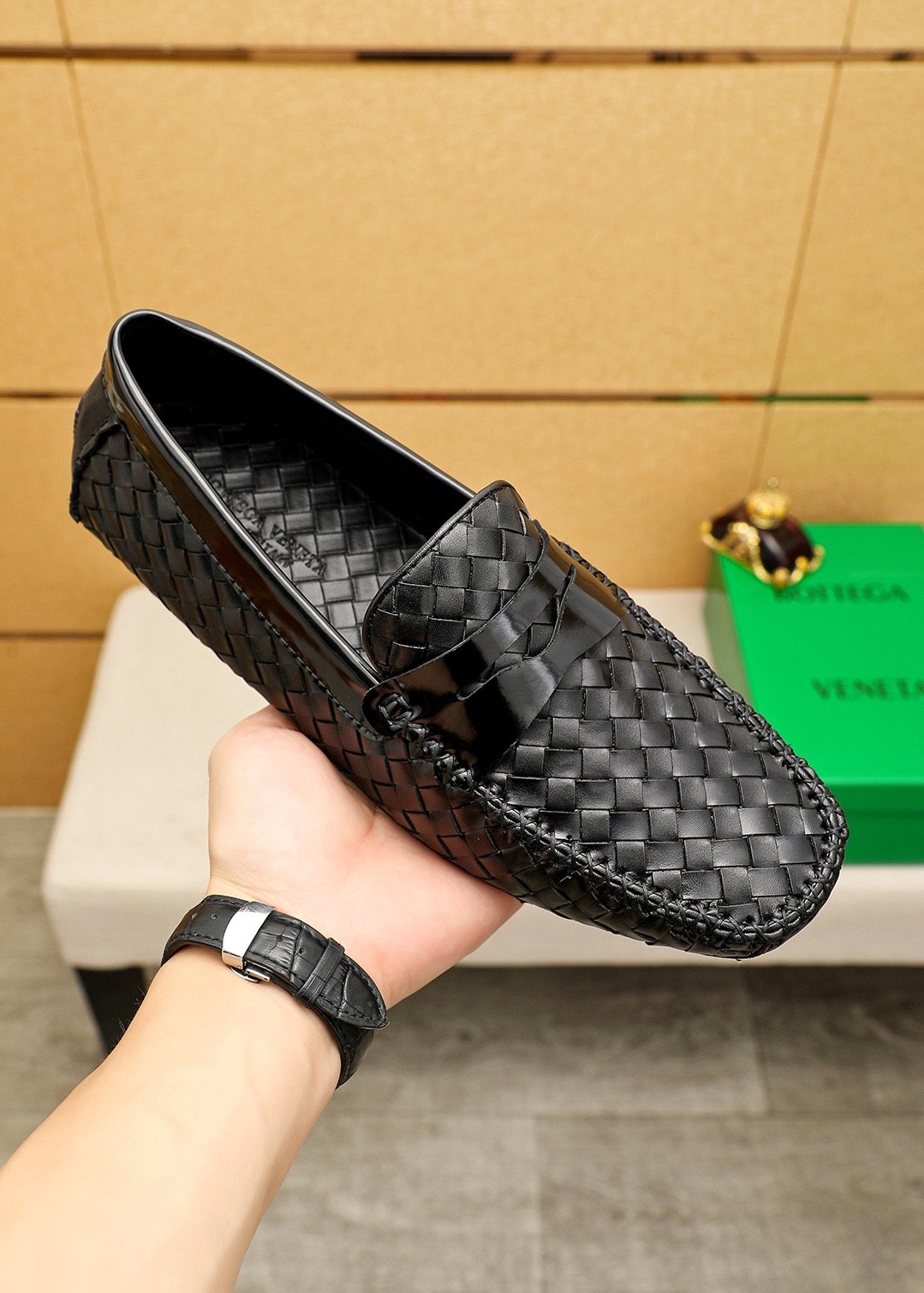 Bottega Veneta Black Woven Slip-On Loafers