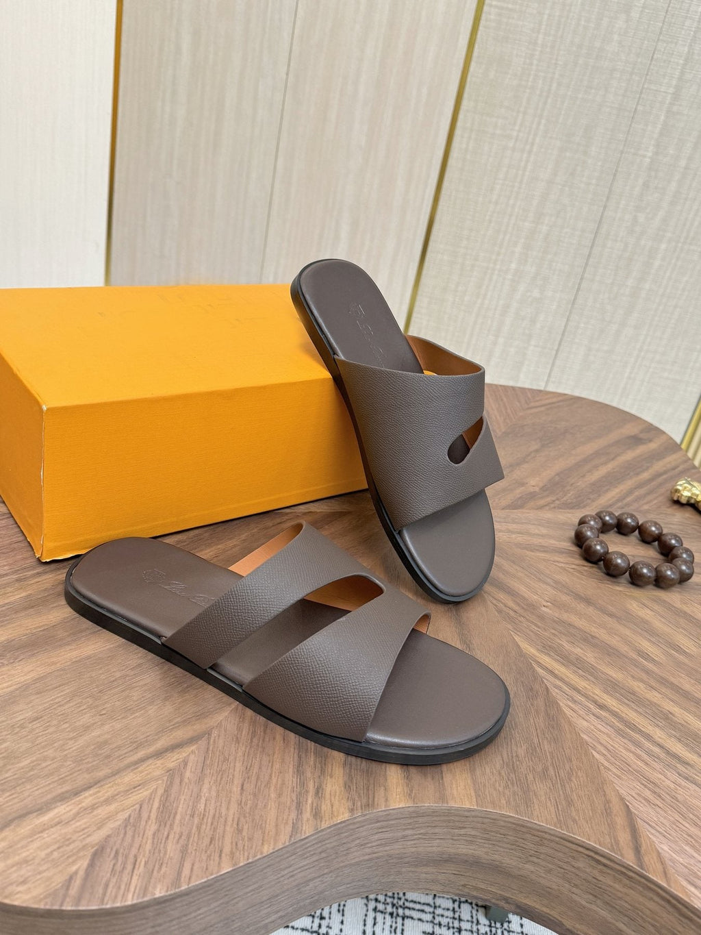 Loro Piana Men's Dark Brown Leather Slide Sandals