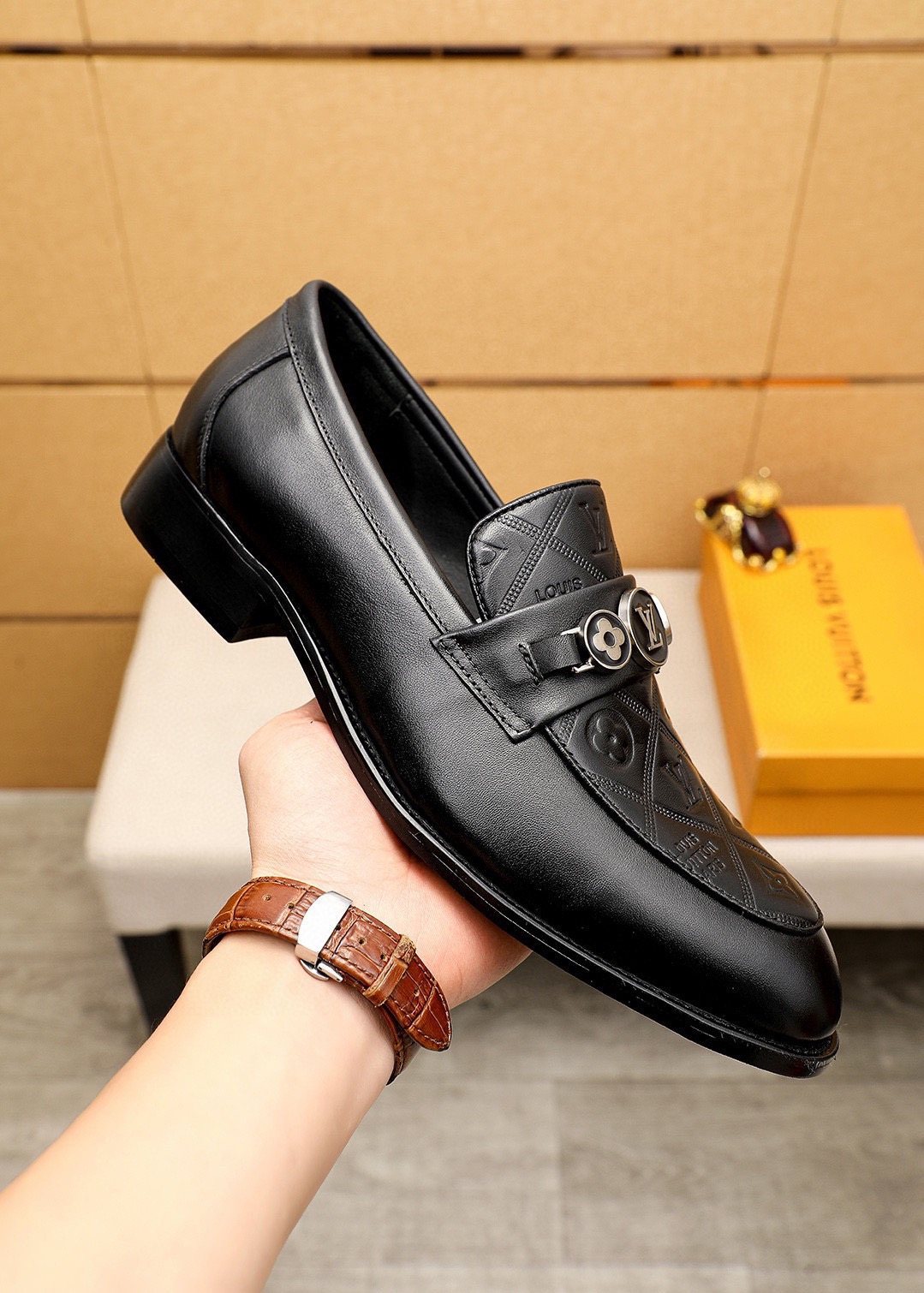 Louis Vuitton Black Embossed Buckle Slip-On Shoes