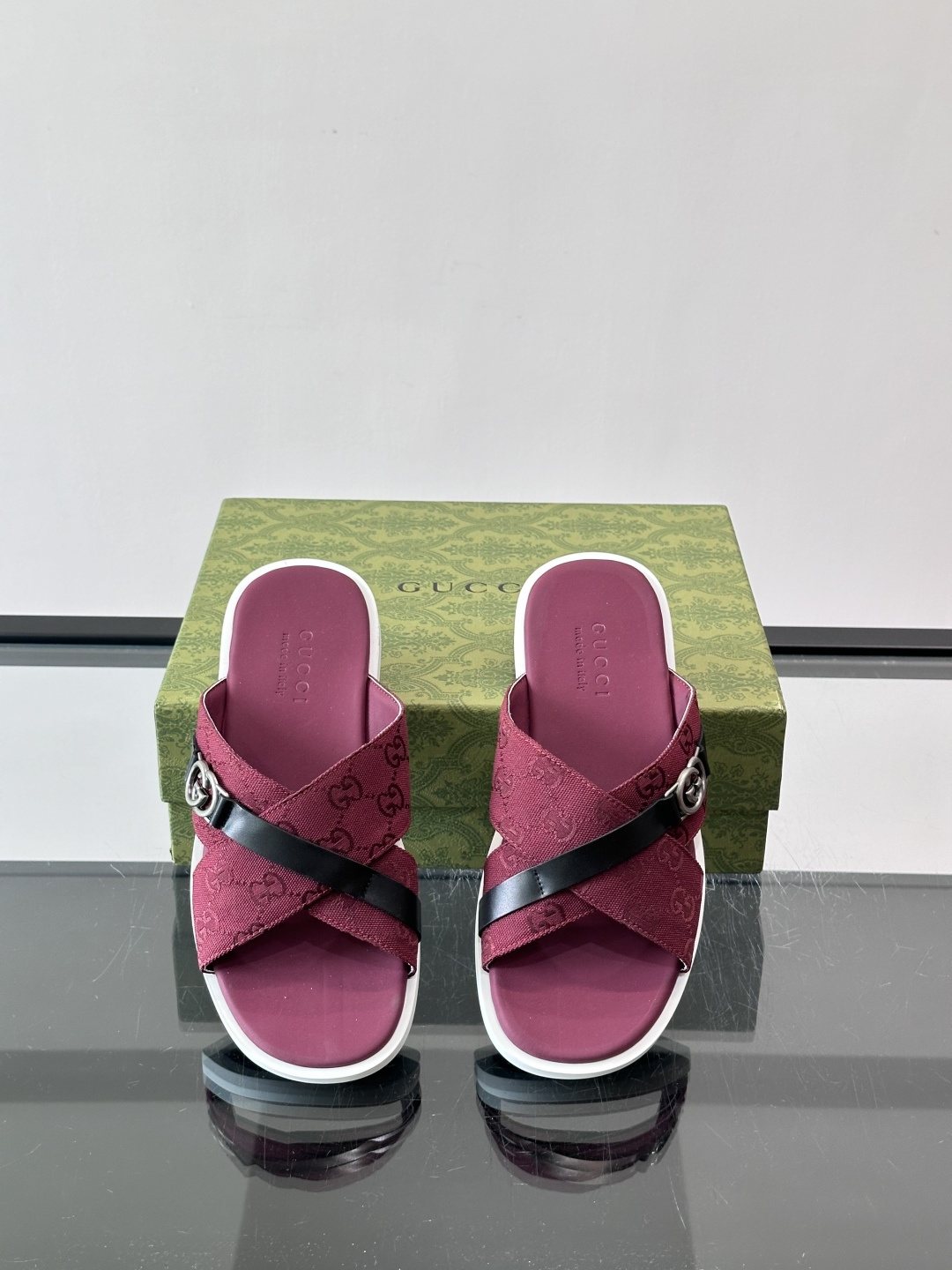 Gucci Gray and Black Cross-Strap Slide Sandals
