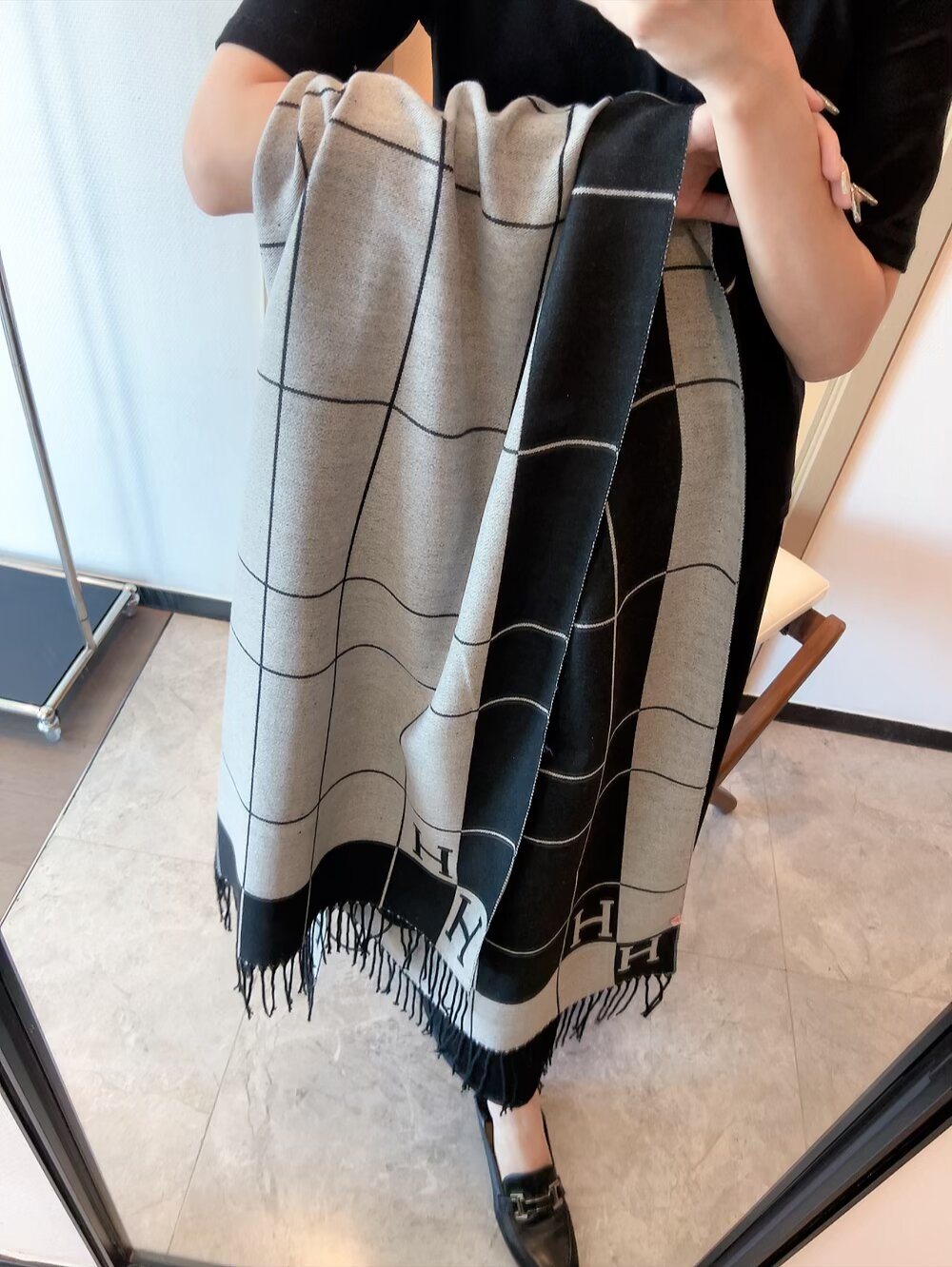 Hermes Fringed Grid Motif Scarf