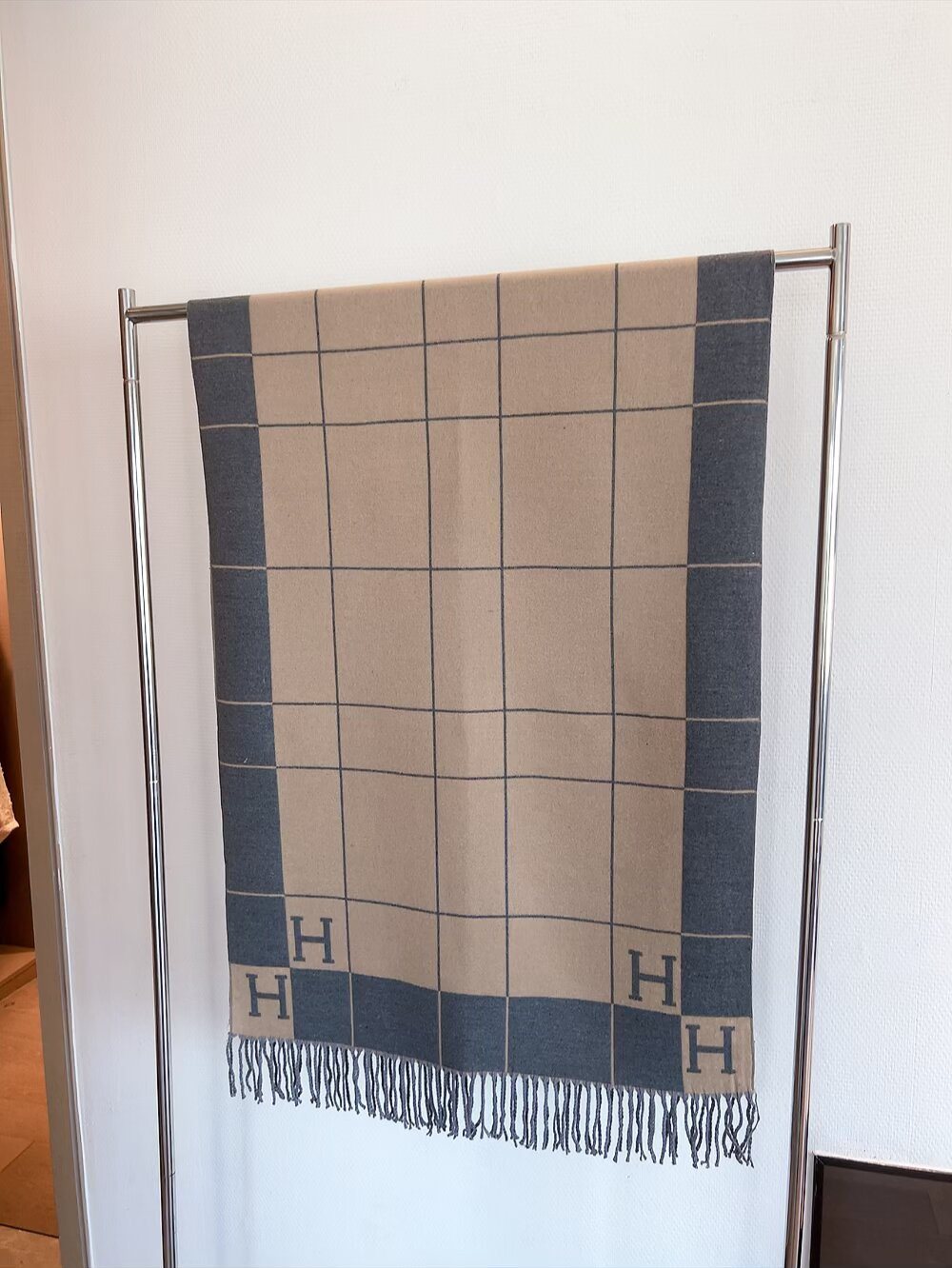 Hermes Fringed Grid Motif Scarf