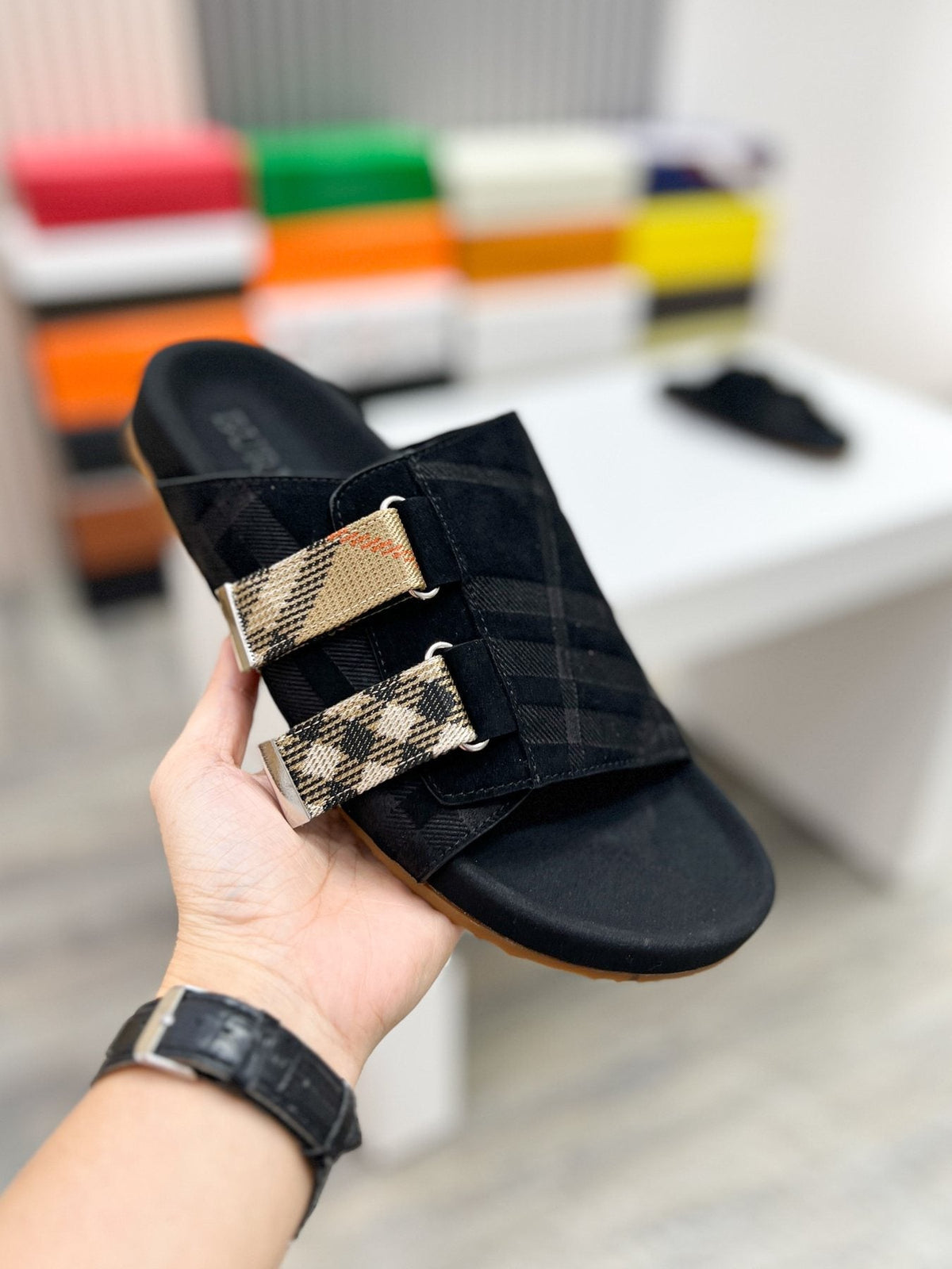 Burberry Men's Check Buckle Slide Sandals