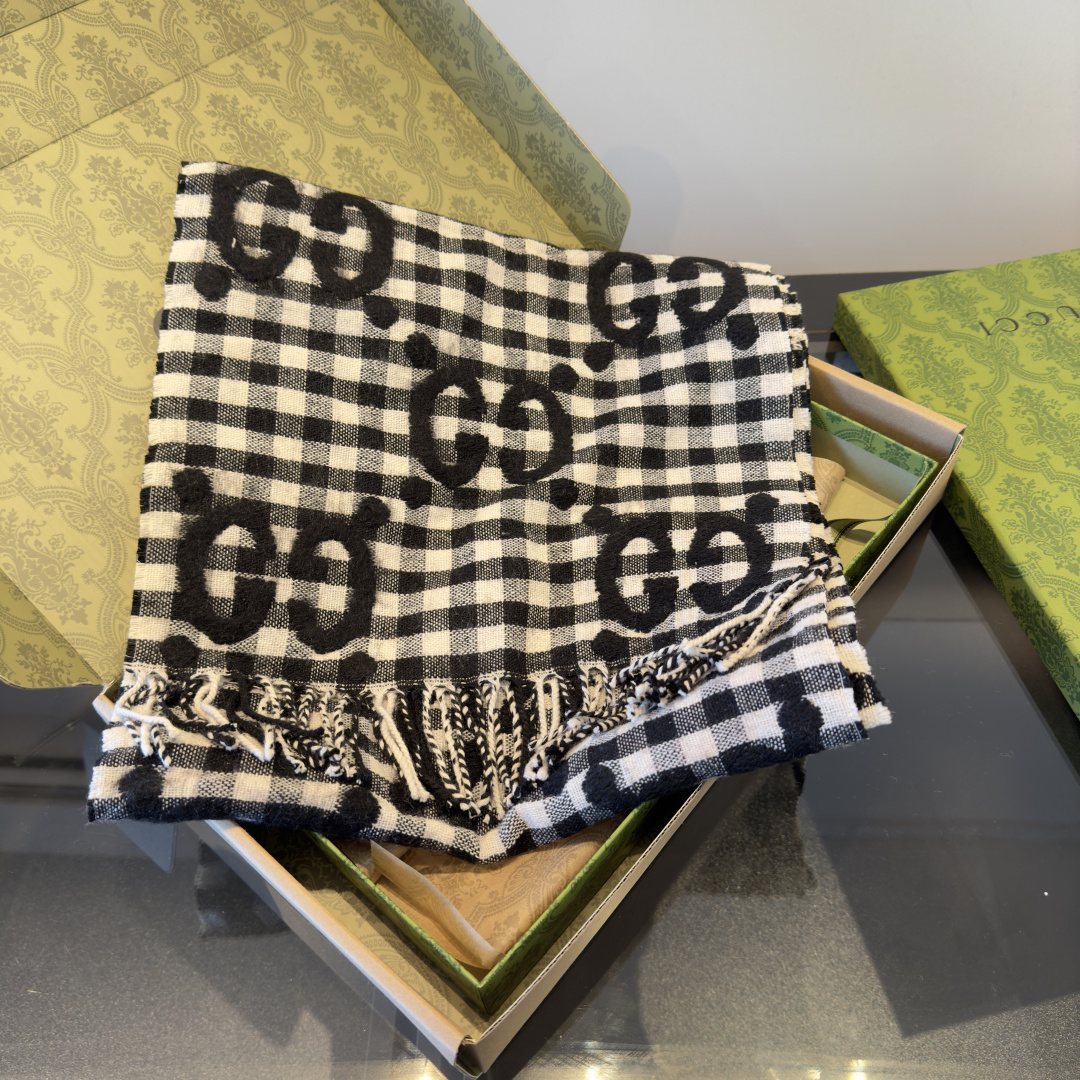 Gucci Black and White Check Fringe Scarf