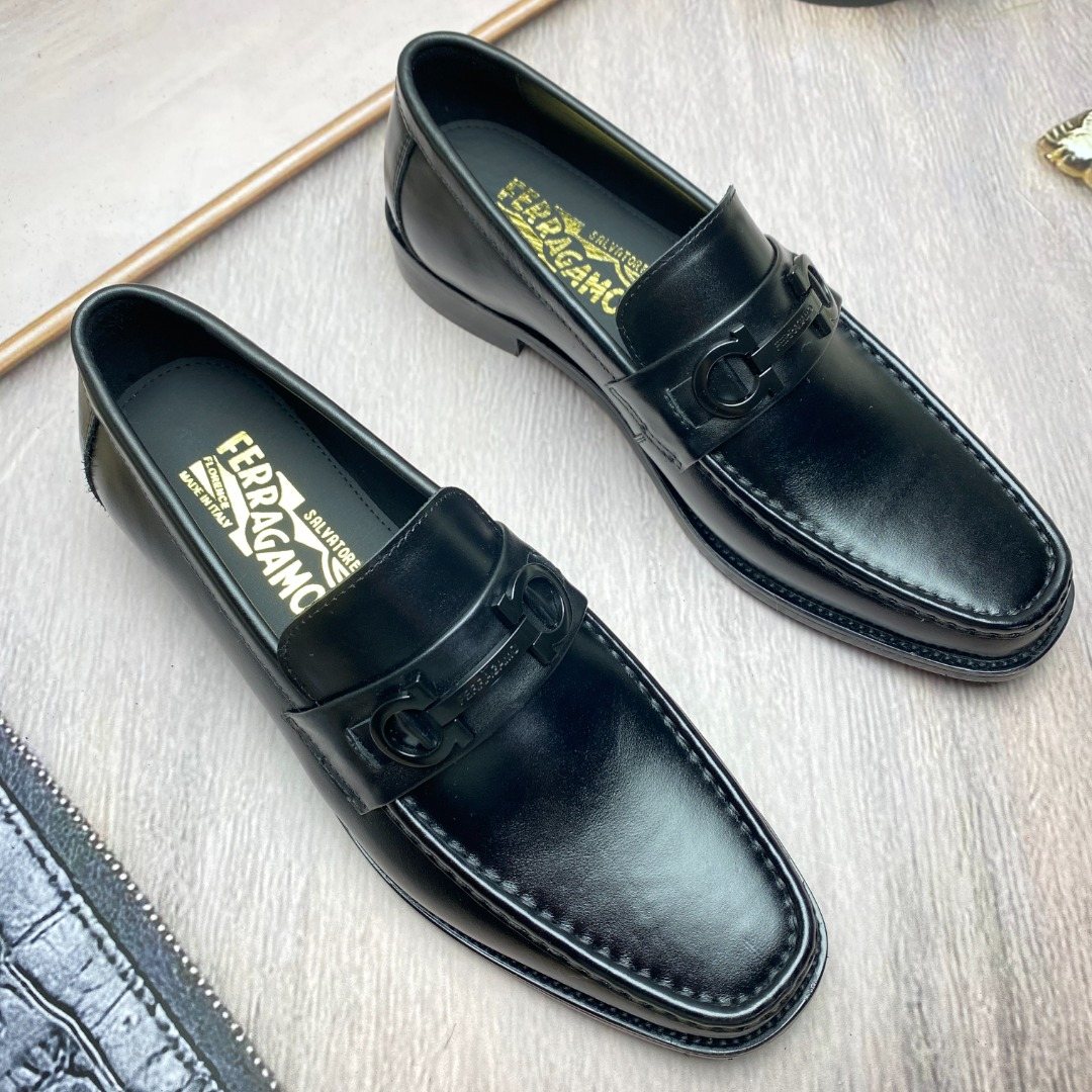 Ferragamo Black Metal-Accent Slip-On Loafers