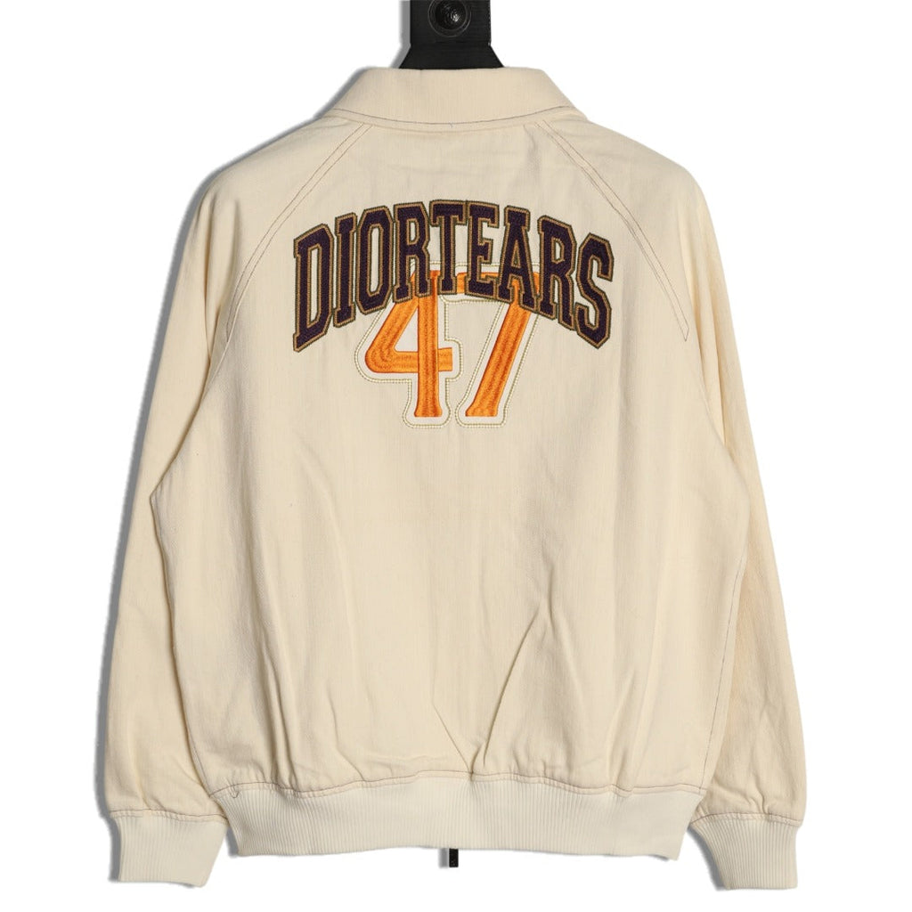 Dior 47 Lettering Collared Zip Varsity Jacket - Cream